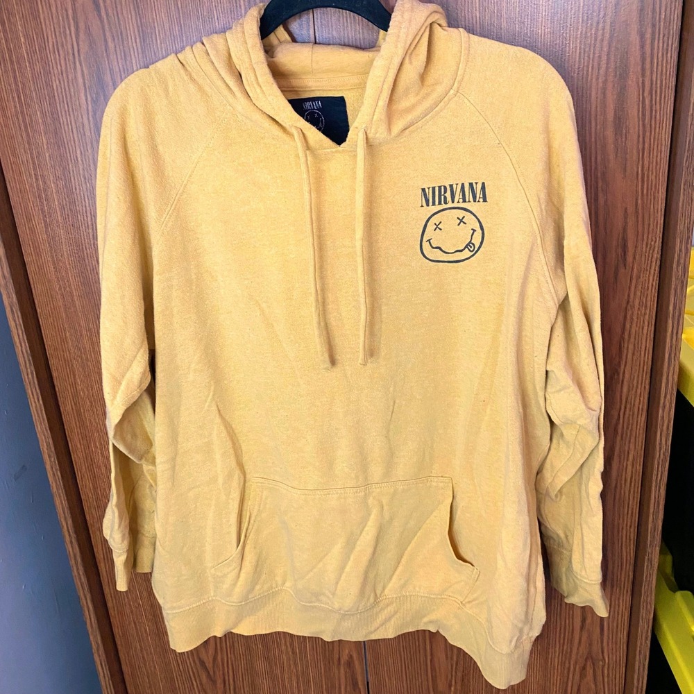 Nirvana Smiley Face Graphic Hoodie Unisex Size Large orange Grunge Sweatshirt